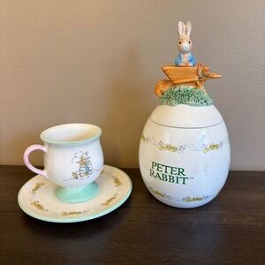 Beatrix Potter Peter Rabbit Teleflora Cookie Jar and Teacup Saucer Set 2003‎